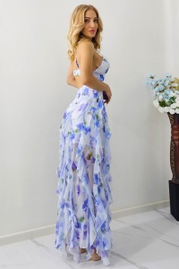 Rochie lunga Nathalea, din șifon, cu falduri si volane, Albastru baby blue, Marime S/M - Img 2