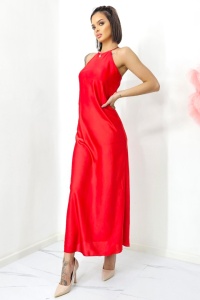 Rochie lunga satinata Priscilla, cu spatele gol si croiala halter, Rosu, Marime S/M - Img 1