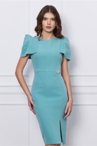 Rochie MBG bleu cu umeri bufanti si aplicatie pe talie