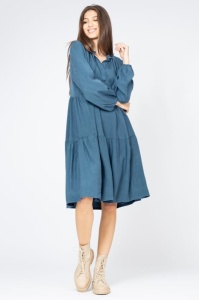 Rochie midi cu doua volane din tencel, turcoaz inchis