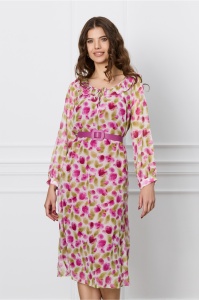 Rochie Mirena ivory cu imprimeuri fucsia si curea in talie