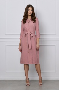 Rochie Mirena roz tip camasa cu cordon in talie