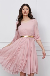 Rochie Miriam roz cu fusta plisata si curea in talie