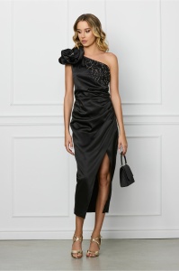 Rochie Moze neagra cu floare maxi si strasuri