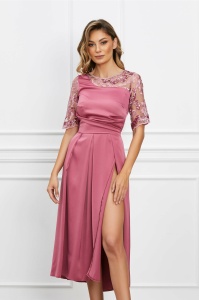 Rochie Moze roz din satin cu paiete la bust si maneci