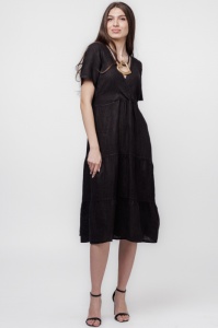 Rochie neagra din in cu volane si bust petrecut