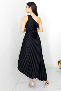 Rochie plisata asimetrica Elza, cu decupaj in zona taliei, Negru, Marime S/M - Img 6