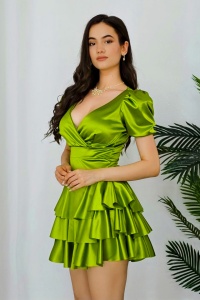Rochie satinata Thora, cu volane si maneci scurte usor bufante, Olive, Marime S/M - Img 2