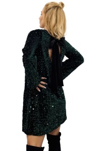 Rochie scurta de seara Tamina, cu paiete si fundita oversize la spate, Verde inchis, Marime S/M/L - Img 7