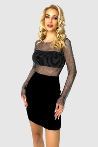 Rochie scurta Ines, bodycon, cu aspect transparent si insertii din cristale, Negru, Marime universala S/M - Img 3