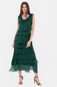 Rochie verde inchis din matase naturala cu volane franjurate suprapuse, fara maneci