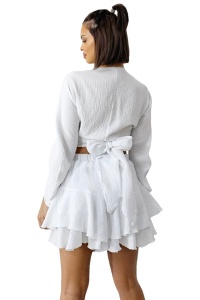 Compleu Wichita, camasa, legare sub bust si fusta pantaloni croi scurt, Alb, Marime S/M/L - Img 7