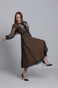Rikaya Long cream dress in black tulle with polka dots - Img 1