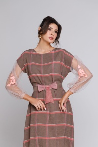 Rochie AURELIA cafenie cu dungi roz - Img 2