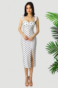 Rochie bodycon Ditsy, slit adanc si imprimeu cu buline, Alb, Marime S/M - Img 1
