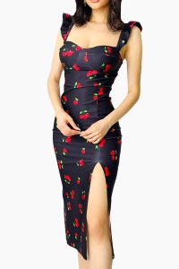 Rochie bodycon Ditsy, slit adanc si imprimeu cu cirese, Negru, Marime S/M - Img 4