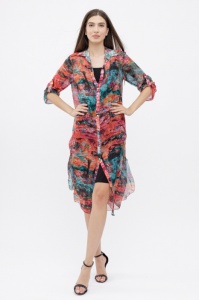 Rochie camasa A-line din matase naturala cu dublura , imprimeu pictural cu rosu si turcoaz