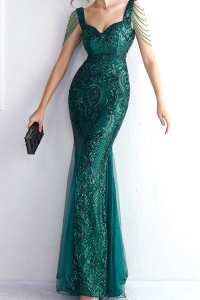 Rochie de ocazie Isolde, cu detaliu din tull, cristale si imprimeu royal, Verde - Img 1