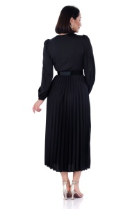 Rochie de ocazie midi eleganta din satin negru cu maneca lunga, Iza - Img 3