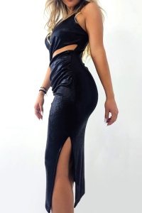 Rochie de ocazie Theodora, cu crapatura pe picior si decupata in talie, Negru metalizat, Marime S/M - Img 4