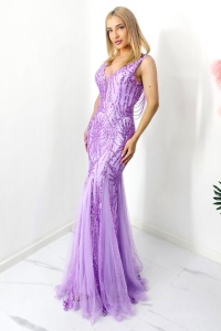Rochie de seara, tip sirena, Fabyola, cu paiete si insertii din voal, Mov - Img 1