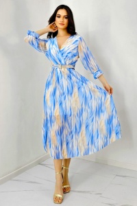 Rochie de zi Fatima, croiala plisata si imprimeu pastelat, Albastru, Marime S/M - Img 2