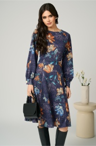 Rochie DY Fashion office din jerse bleumarin cu imprimeuri florale