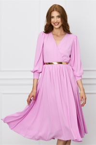 Rochie Dy Fashion roz din voal cu bust petrecut si curea in talie