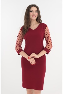Rochie eleganta bordo cu maneci din tull cu buline din catifea