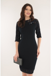 Rochie eleganta din stofa bleumarin texturata si dantela