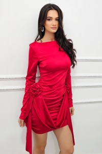 Rochie eleganta Jordana, cu aplicatii florale si fronseuri laterale, Rosu, Marime S/M - Img 3