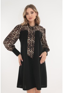 Rochie evazata neagra cu animal print la maneci si decolteu