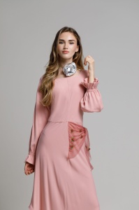 Rochie HARRIS roz pudrat cu esarfa brodata - Img 3