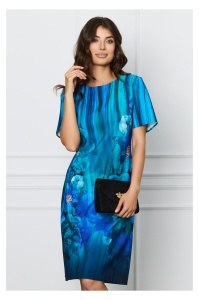 Rochie Ilona turcoaz cu imprimeu floral albastru