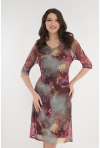 Rochie lejera din tulle cu print abstract bordo-caramiziu