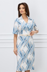 Rochie Lina alba cu imprimeuri bleu-bej si curea in talie