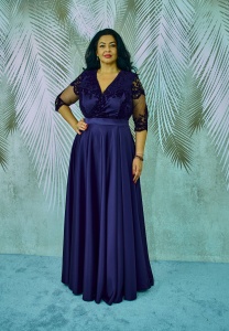 Rochie lunga de tafta si broderie catifelata bleumarin Anastasia - Img 1