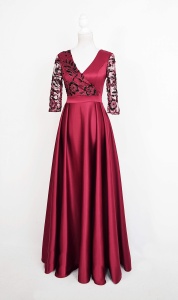 Rochie lunga din tafta visinie cu broderie 3D Britney - Img 6