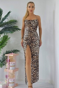 Rochie lunga Isabela cu spatele gol si snururi decorative, Leopard, Marime S/M - Img 6