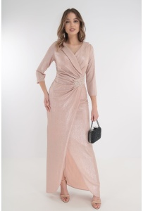 Rochie lunga roz-pudra din lurex cu strasuri si fronseuri