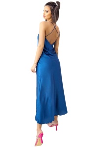 Rochie lunga satinata Priscilla, cu spatele gol si croiala halter, Albastru, Marime S/M - Img 7