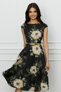 Rochie MBG neagra cu flori verzi si curea in talie