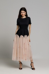 Rochie MORA neagra cu tul brodat crem - Img 2