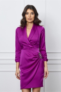 Rochie Moze magenta din satin cu aplicatie in talie