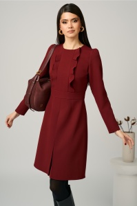 Rochie Moze office din stofa bordo cu volane pe bust