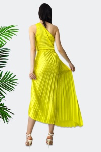 Rochie plisata asimetrica Elza, cu decupaj in zona taliei, Galben, Marime S/M - Img 5