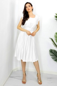 Rochie plisata midi, Elenor, cu volanase si curea asortata, Alb, Marime universala S/M - Img 4