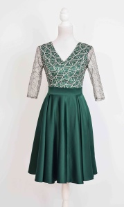 Rochie scurta verde Stefania din tafta si broderie bej-aurie - Img 1