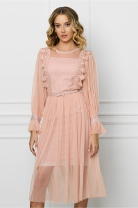Rochie Sophie roz din tull cu dantela si curea in talie