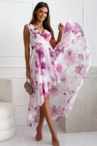 Rochie vaporoasa de vara Giuliana, chiffon, asimetrica si imprimeu pastel, Alb/Fucsia, Marime S/M
